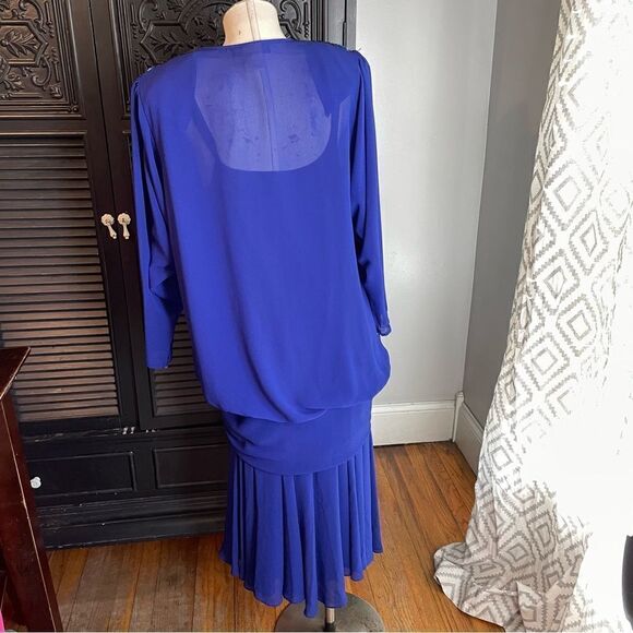 Vtg 80s Blue‎ Draped DECO Beaded FLAPPER Dynasty Party Gatsby Cocktail Dress 14 - Picture 3 of 8